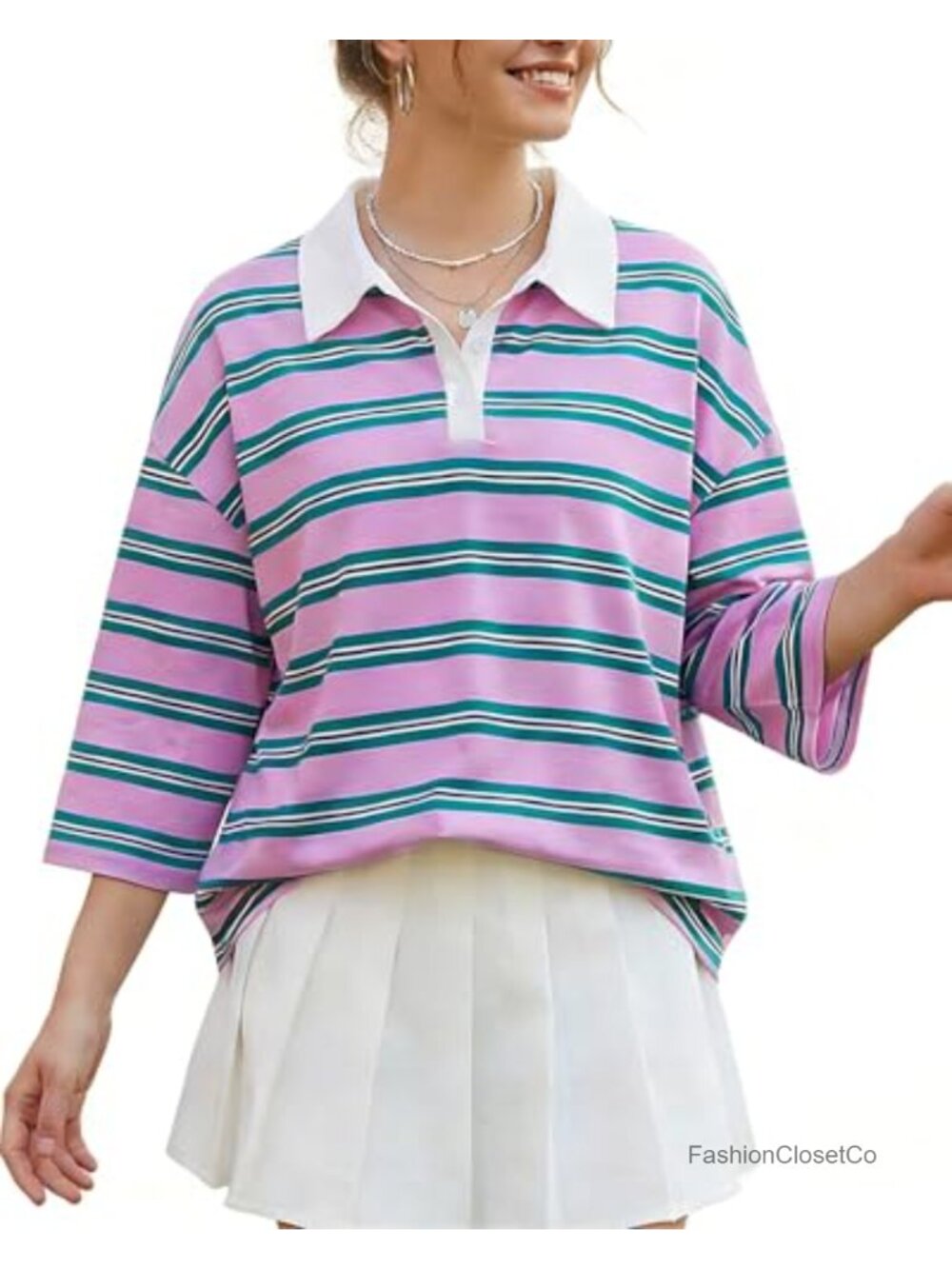Women's Oversized Striped Polo Tee Short Sleeve Half Button Casual Summer Top